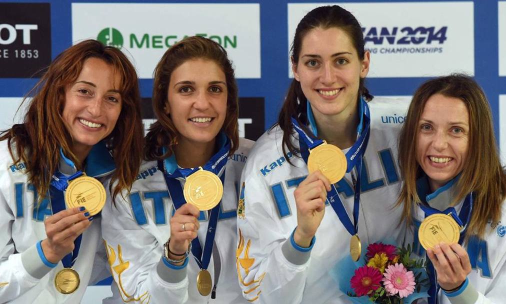 Mondiali di Kazan, 2014, il podio del fioretto femminile: Vezzali, Errigo, Batini, Di FRancisca